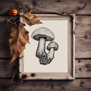 Cartel de setas Impresión de bellas artes beige para puntillismo de cocina Arte de pared de Halloween