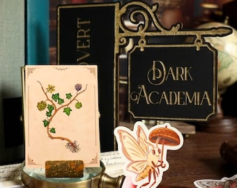 Dark Academia Decor Set, 3-Piece | Wooden Bookshelf Sign, Botanical Ivy Art Print & Moth Stickers | Bookish Merch Gift for Bookworms
