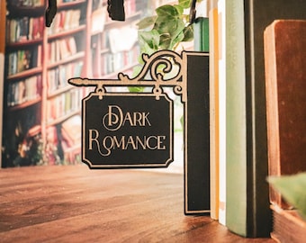 Bookshelf genre sign Dark Romance made of wood – shelf divider for book lovers gift idea for bookworms vintage library decor