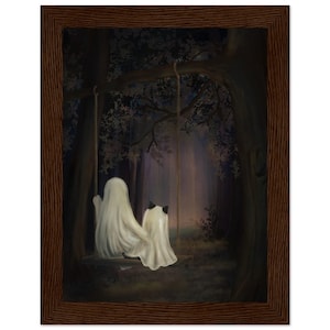 Poster in carta opaca con cornice in legno, fantasma con gatto, fantasma su altalena, dipinto a olio, decorazione autunnale, simpatico fantasma