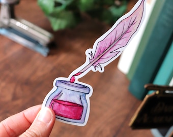 Watercolor Feather & Inkwell Sticker – Hand-painted, Vintage Quill, Journaling, Laptop, Scrapbooking, Pink, Die-cut