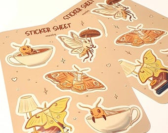 Moth Watercolor Stickers | Cozy and whimsical hand-drawn stickers, glossy planner stickers, scrapbooking bullet journal stickers