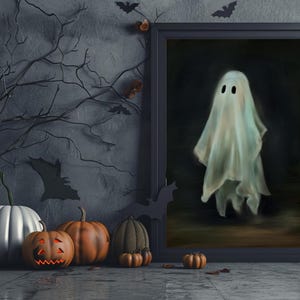 Ghost Painting PRINTABLE Art Print, Halloween Decoration, Cottagecore, Abstract Cute Ghost Oil Painting, Vintage Aesthetic, Dark Academia