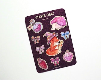 Watercolor Sticker Sheet Valentines | Cute Fox Wizard Hedgehog Hand-Painted Stickers Potions Ribbons Glossy Planner Stickers Scrapbooking BuJo
