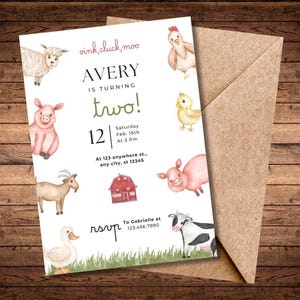 May include: A farm-themed birthday invitation with watercolor illustrations of farm animals, including a sheep, pig, chicken, goat, duck, and cow. The invitation reads "Avery is turning two!" with the date and time of the party. A brown envelope is behind the invitation.