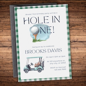 Zaproszenie na pierwsze urodziny z motywem Hole in One Golf, zaproszenie cyfrowe, impreza Hole in One, plik do edycji, natychmiastowe pobranie, opcjonalnie tylna strona