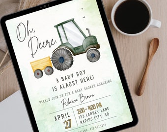 Oh Deere uitnodiging babyshower tractor: groen boerderijthema (bewerkbare canvassjabloon)