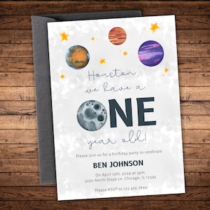 Modèle d'invitation premier anniversaire, espace 1er anniversaire d'invitation, anniversaire garçons filles, invitation imprimable, modifiable, Houston nous avons un an