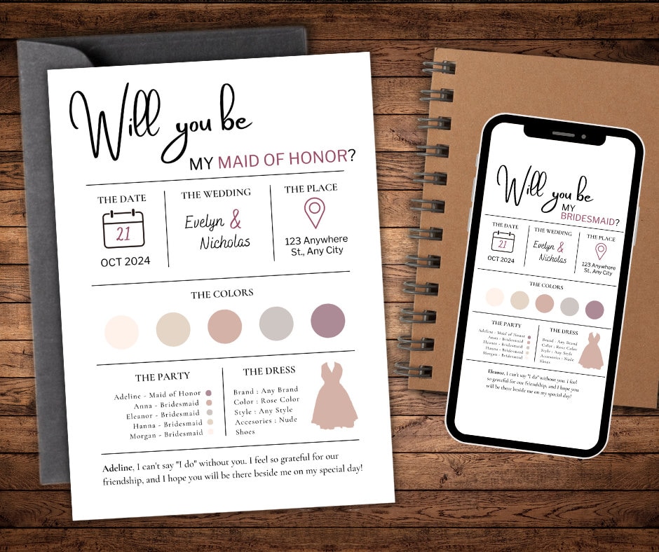 Will you be my BRIDESMAID/MAID of HONOR Request, Bridal Party Wedding Invitation, Editable Mobile Invite, Instant Download Digital Template