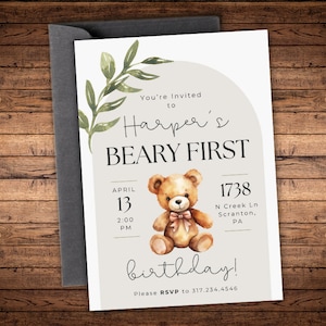 Beary erste Geburtstagsfeier, Teddybär Woodland Thema, bearbeitbare Einladung, Sofortiger Download Digitale Vorlage, Jungen oder Mädchen Geburtstag einladen