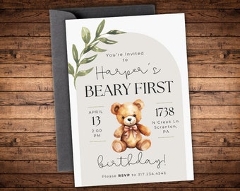 Beary First Birthday Party, Teddy Bear Woodland Theme, Editable Invitation, Instant Download Digital Template, Boy or Girl Birthday Invite