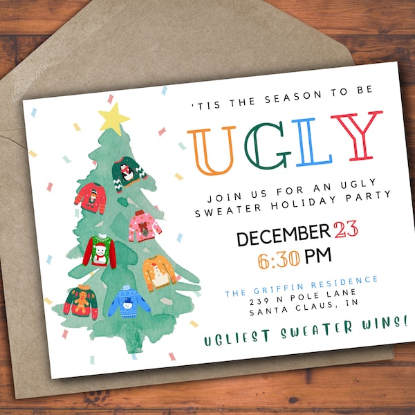 Watercolor Christmas Tree Ugly Sweater Party Invitation, Instant Download, Editable Digital Template, Holiday Sweater Party Invite