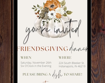 Orange Floral Pumpkin - Friendsgiving Party Invitation - Friends Thanksgiving Dinner Party - Editable Digital Template - Instant Download