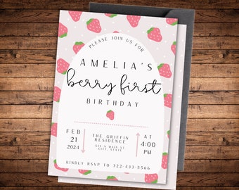 Berry First Birthday Invitation Template, Strawberry 1st Birthday Invite, Girls 1st Birthday Invitation, Printable Invite, Editable Evite