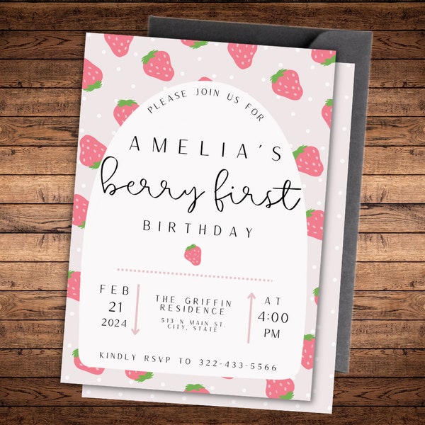 Berry First Birthday Invitation Template, Strawberry 1st Birthday Invite, Girls 1st Birthday Invitation, Printable Invite, Editable Evite