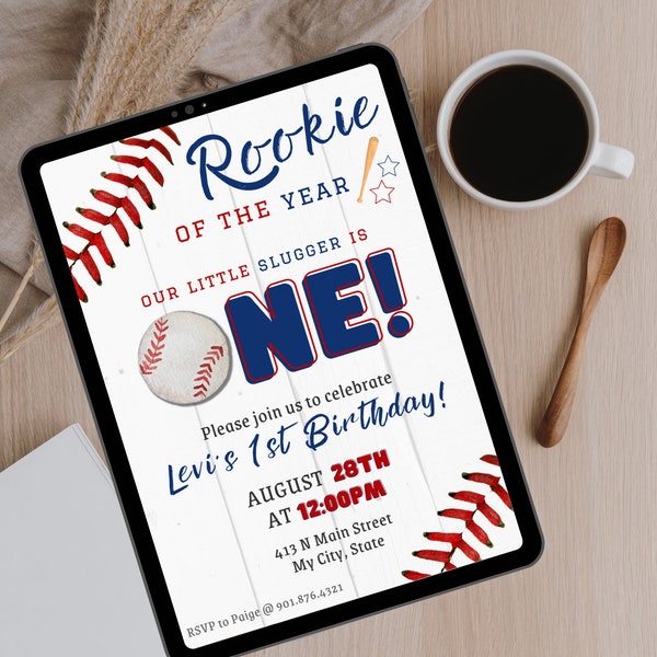 Baseball 1st Birthday Invitation, Rookie of the Year First Birthday Party Invite, Editable Boy Baseball Little Slugger Birthday Invitation