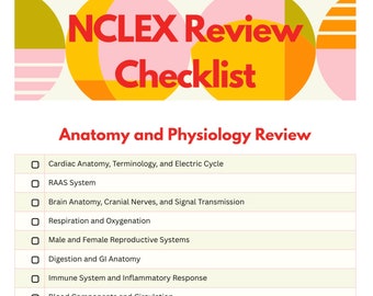 Peut inclure: Une liste de contrôle pour l'examen NCLEX, axée sur l'anatomie et la physiologie. La liste de contrôle comprend des sujets tels que l'anatomie cardiaque, la terminologie et le cycle électrique, le système RAAS, l'anatomie du cerveau, les nerfs crâniens et la transmission du signal, la respiration et l'oxygénation, les systèmes reproducteurs masculin et féminin, la digestion et l'anatomie gastro-intestinale, le système immunitaire et la réponse inflammatoire, et les composants sanguins et la circulation.