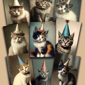 Vintage Photos of Kittens with Party Hats- NINE Printable Images-- Instant Download