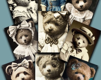 Vintage Teddy Bears Digital Collage Sheet Victorian Junk Journal Images Girl Teddy Bears