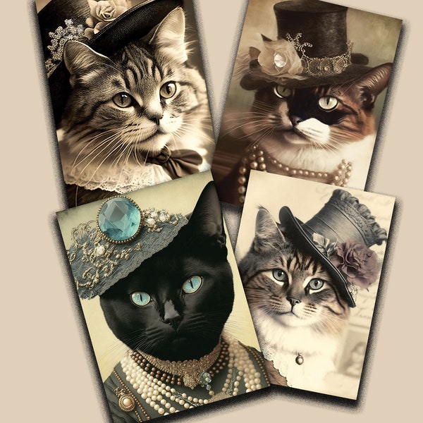 Vintage Photos of Sophisticated Kitties-- FOUR Images, FIVE Sizes-- Printables-- Download