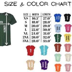 May include: Size and color chart for t-shirts with measurements in inches.  The chart shows sizes XS to 3XL with corresponding width and length measurements.  The chart also shows 20 different color options for the t-shirts.