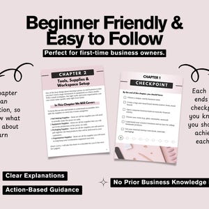 Puede incluir: Una gu&iacute;a rosa y blanca titulada "Beginner Friendly & Easy to Follow" para emprendedores principiantes. La gu&iacute;a incluye cap&iacute;tulos sobre herramientas, suministros y configuraci&oacute;n del espacio de trabajo, con explicaciones claras y orientaci&oacute;n basada en la acci&oacute;n. Se incluyen puntos de control.