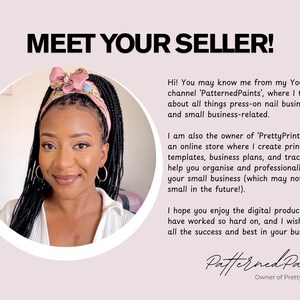 Puede incluir: Imagen promocional con el texto "MEET YOUR SELLER!" y una foto de una mujer con una diadema rosa. El texto describe su canal de YouTube y su tienda online de plantillas imprimibles.