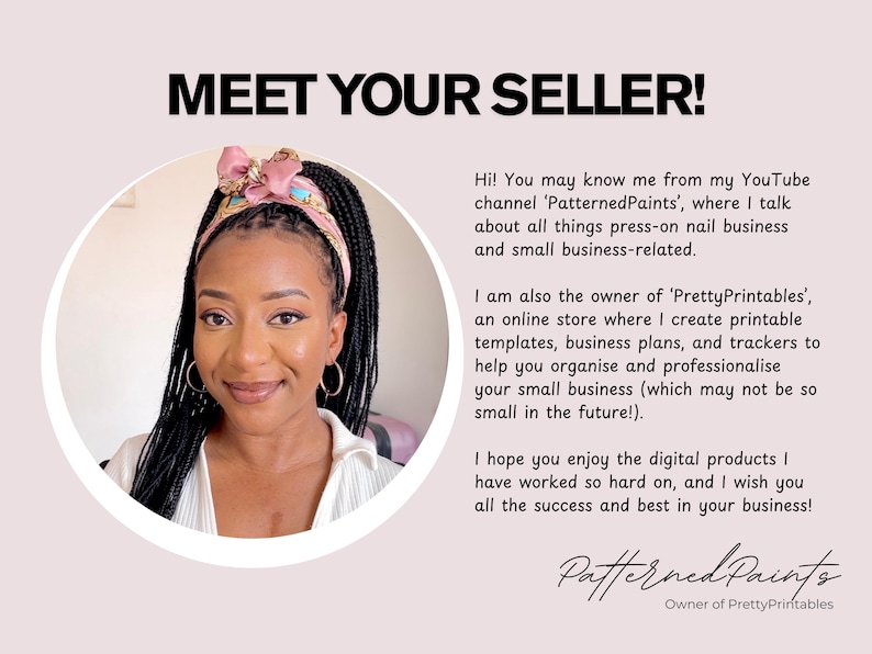 Puede incluir: Imagen promocional con el texto "MEET YOUR SELLER!" y una foto de una mujer con una diadema rosa. El texto describe su canal de YouTube y su tienda online de plantillas imprimibles.