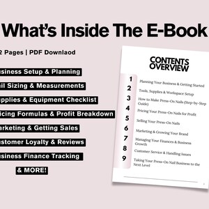 Puede incluir: Una portada de libro electr&oacute;nico con el t&iacute;tulo "What's Inside The E-Book" y una descripci&oacute;n general del contenido. El libro electr&oacute;nico cubre temas como la configuraci&oacute;n del negocio, el tama&ntilde;o de las u&ntilde;as, los suministros, los precios, el marketing, la lealtad del cliente y el seguimiento financiero. El libro electr&oacute;nico tiene 112 p&aacute;ginas y est&aacute; disponible como descarga en PDF.