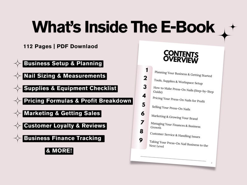 Puede incluir: Una portada de libro electr&oacute;nico con el t&iacute;tulo "What's Inside The E-Book" y una descripci&oacute;n general del contenido. El libro electr&oacute;nico cubre temas como la configuraci&oacute;n del negocio, el tama&ntilde;o de las u&ntilde;as, los suministros, los precios, el marketing, la lealtad del cliente y el seguimiento financiero. El libro electr&oacute;nico tiene 112 p&aacute;ginas y est&aacute; disponible como descarga en PDF.