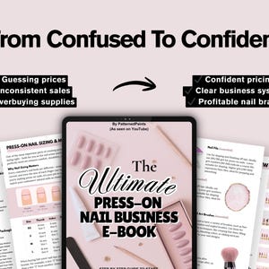 Puede incluir: Una tableta digital muestra "The Ultimate Press-On Nail Business E-Book" con documentos relacionados. La imagen contrasta "Confundido" con pr&aacute;cticas comerciales "Confiadas", destacando precios, ventas y gesti&oacute;n de suministros para negocios de u&ntilde;as.