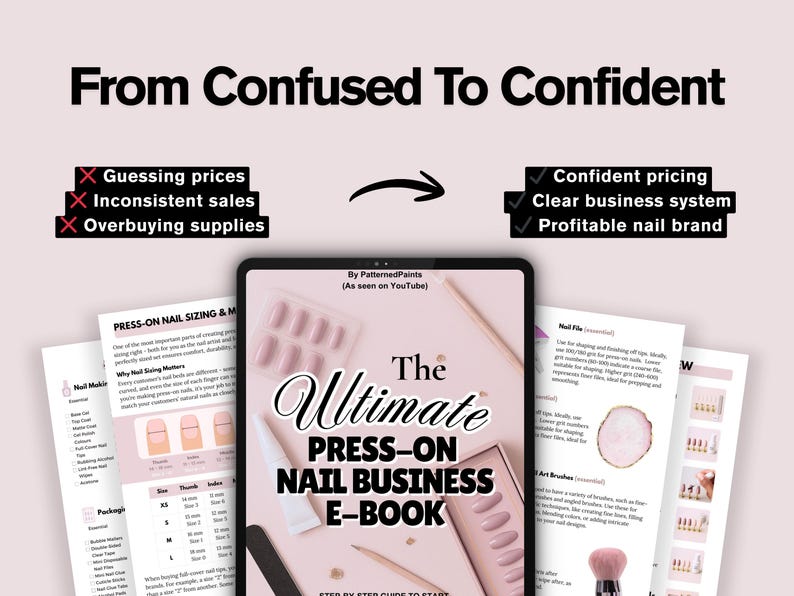 Puede incluir: Una tableta digital muestra "The Ultimate Press-On Nail Business E-Book" con documentos relacionados. La imagen contrasta "Confundido" con pr&aacute;cticas comerciales "Confiadas", destacando precios, ventas y gesti&oacute;n de suministros para negocios de u&ntilde;as.