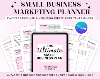 Planificador imprimible de marketing para pequeñas empresas Plantilla de planificador de marketing de redes sociales Canva Plan de negocios editable Guía de contenido de redes sociales