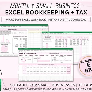 May include: A pink and green Microsoft Excel workbook for small businesses. The workbook includes 15 tabs for start-up costs, an overview dashboard, 12 monthly tabs, and a tax estimator. The workbook is designed to help small businesses track their income and expenses, and to calculate their taxes. The currency used is British pounds.