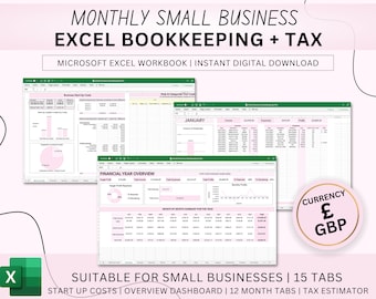 Könnte beinhalten: Eine rosa und grüne Microsoft Excel-Arbeitsmappe für Kleinunternehmen. Die Arbeitsmappe enthält 15 Registerkarten für Startkosten, ein Übersichts-Dashboard, 12 Monatsregisterkarten und einen Steuerschätzer. Die Arbeitsmappe soll Kleinunternehmen dabei helfen, ihre Einnahmen und Ausgaben zu verfolgen und ihre Steuern zu berechnen. Die verwendete Währung ist das Britische Pfund.