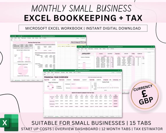 Business Bookkeeping Spreadsheet UK Tax Calculator Business Budgeting Excel Monthly Income Expense Tracker Profit Loss Sales Cost Tracker