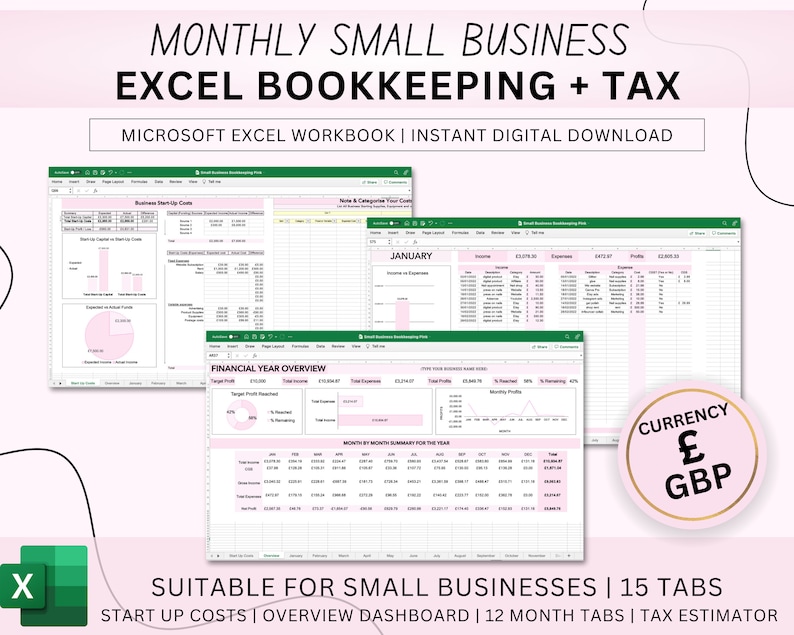 May include: A pink and green Microsoft Excel workbook for small businesses. The workbook includes 15 tabs for start-up costs, an overview dashboard, 12 monthly tabs, and a tax estimator. The workbook is designed to help small businesses track their income and expenses, and to calculate their taxes. The currency used is British pounds.