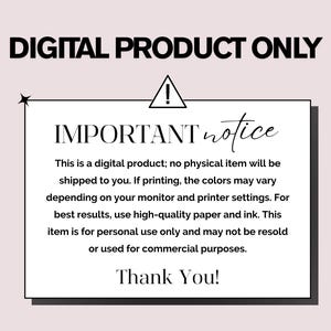 Puede incluir: Aviso de producto digital sobre un fondo rosa claro. El texto &laquo; DIGITAL PRODUCT ONLY &raquo; est&aacute; sobre un rect&aacute;ngulo blanco con las palabras &laquo; IMPORTANT notice &raquo;. El aviso explica que el producto es digital y que los colores pueden variar al imprimir. Termina con &laquo; Thank You! &raquo;