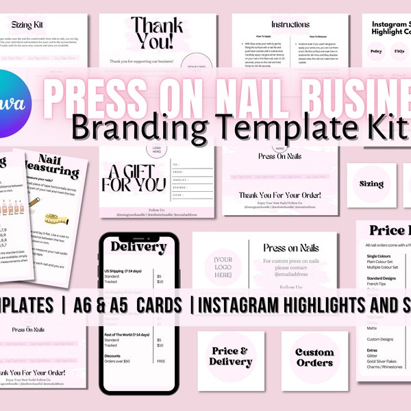 Press on Nail Salon Business Branding Kit Nail Card Editable Canva Template Instagram Highlight Stories Nail Tech Business Branding Kit Pink