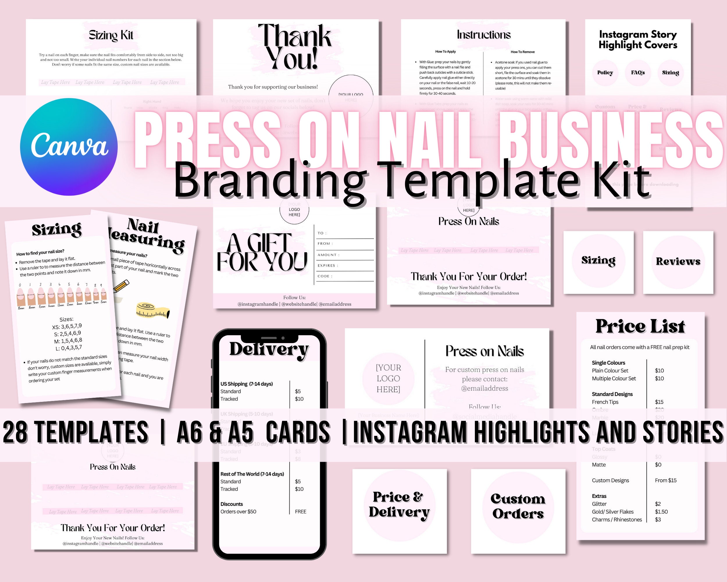 Press on Nail Salon Business Branding Kit Nail Card Editable Canva Template Instagram Highlight Stories Nail Tech Business Branding Kit Pink