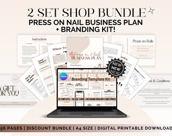 Op de afbeelding: Een digitale printbare bundel voor een press-on nagelbedrijf. De bundel bevat een businessplan, branding sjablonen en een ontwerp planner. De bundel is beschikbaar in A4 formaat en bevat 56 pagina's.