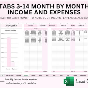 May include: A pink and white spreadsheet with the title "Tabs 3-14 Month by Month Income and Expenses". The spreadsheet is divided into three columns: Income, Expenses, and Profits. Each column has a table with rows for date, description, category, and amount. The spreadsheet also includes a bar graph showing income versus expenses for January.