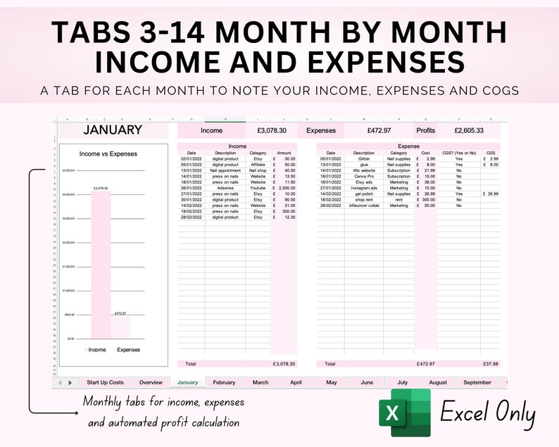 May include: A pink and white spreadsheet with the title "Tabs 3-14 Month by Month Income and Expenses". The spreadsheet is divided into three columns: Income, Expenses, and Profits. Each column has a table with rows for date, description, category, and amount. The spreadsheet also includes a bar graph showing income versus expenses for January.