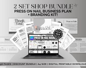 Op de afbeelding: Een digitale printbare bundel voor een press-on-nagelbedrijf. De bundel bevat een businessplan en branding-sjablonen. De afbeelding toont een laptopscherm waarop de branding-sjablonen worden weergegeven, waaronder social media-graphics, logo's en andere marketingmaterialen. De tekst op het scherm luidt "Press on Nail Business Branding Template Kit". De afbeelding toont ook verschillende andere printbare documenten, waaronder een financiële planningssheet, een maattabel en een checklist voor een press-on-nagelbedrijf.