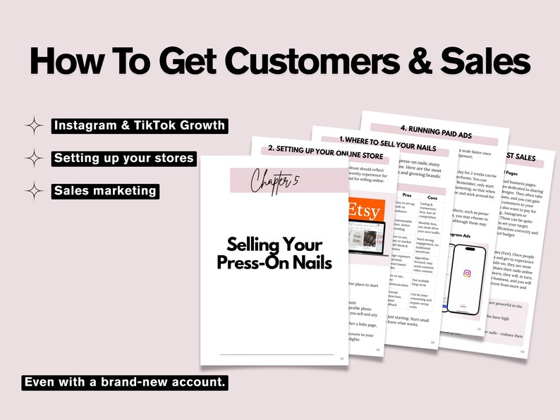 Puede incluir: Imagen promocional con el texto "How To Get Customers & Sales". Incluye un libro titulado "Selling Your Press-On Nails" y otras p&aacute;ginas con consejos sobre tiendas online, Instagram y marketing de ventas.