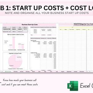 May include: A pink and white spreadsheet template for tracking business start-up costs. The spreadsheet includes sections for expected vs. actual funds, start-up capital vs. start-up costs, and a cost log. The spreadsheet is labeled "Tab 1: Start Up Costs + Cost Log" and "Note and Organize All Your Business Start Up Costs". The spreadsheet is labeled "Excel Only".
