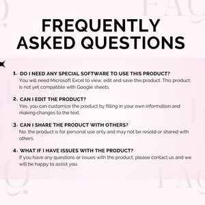 May include: A pink and white graphic with the text "Frequently Asked Questions" in black. The graphic lists four questions and answers about a product. The questions are: 1. Do I need any special software to use this product? 2. Can I edit the product? 3. Can I share the product with others? 4. What if I have issues with the product?