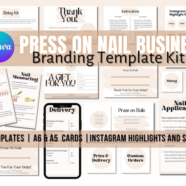Drücken Sie auf Nagelstudio Business Branding Kit Nagelkarte bearbeitbare Canva-Vorlage Instagram Highlight Stories Nail Tech Business Branding Kit