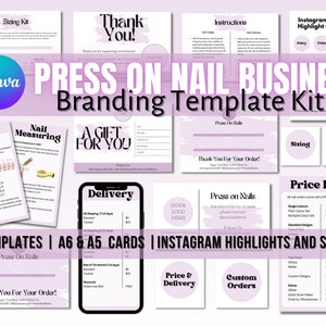 Pressione no kit de marca de negócios de salão de beleza cartão de unhas editável modelo canva instagram destaque histórias nail tech kit de marca de negócios