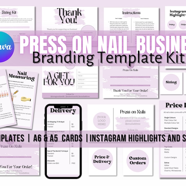 Drücken Sie auf Nagelstudio Business Branding Kit Nagelkarte bearbeitbare Canva-Vorlage Instagram Highlight Stories Nail Tech Business Branding Kit